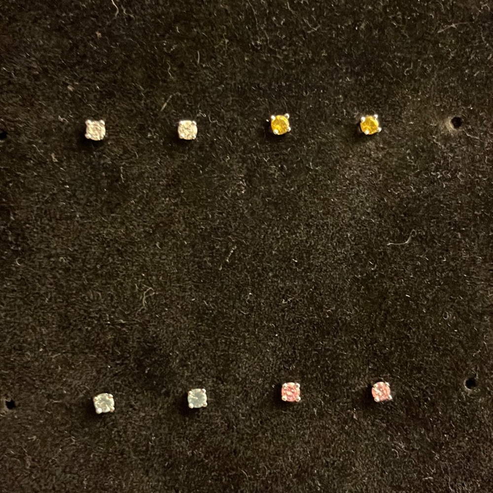 NWOT set of 4 sterling silver CZ Mini stud earrings Clear, pink, blue, & yellow. - Picture 2 of 8